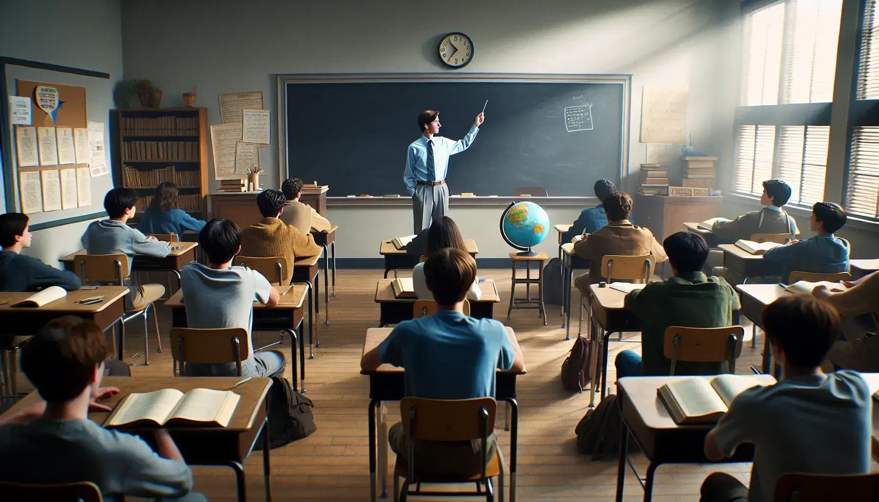 Insegnante in camicia blu indica lavagna vuota in aula scolastica con studenti seduti ai banchi e globo terrestre su uno di essi.