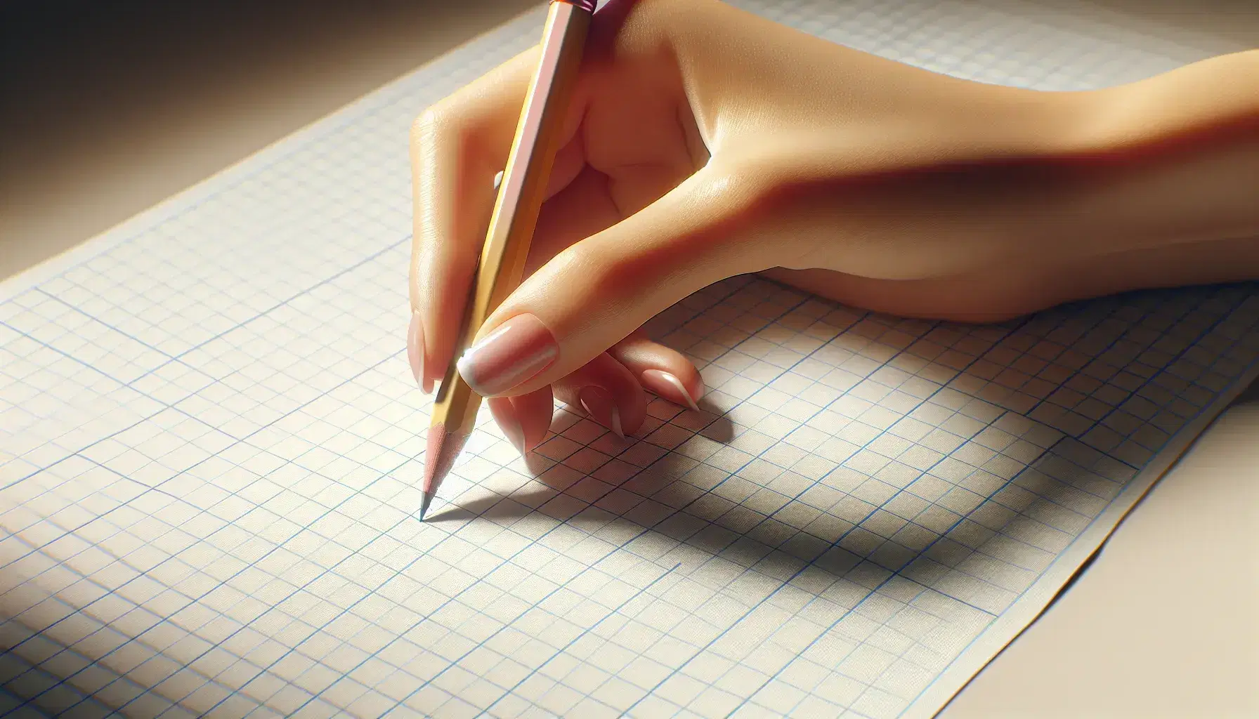 Close-up view of a hand holding a yellow pencil over blank graph paper, ready to write or draw, with a soft shadow cast on the surface.
