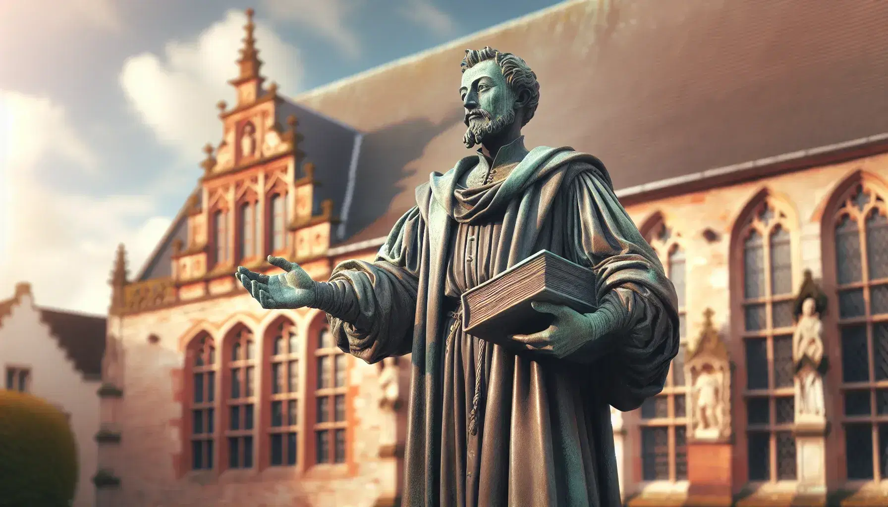 Estatua de bronce de hombre barbado del siglo XVI con toga, sosteniendo un libro y con la mano derecha alzada, ante edificio histórico de ladrillos rojos.