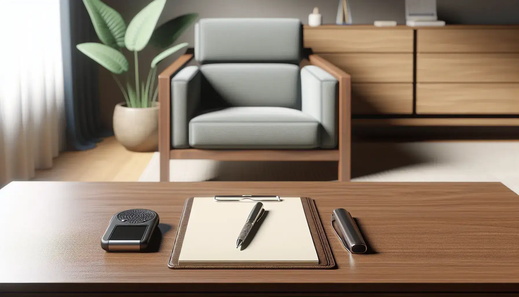 Psychologist's office with wooden desk, blue padded chair, beige armchairs, coffee table and plants, in a serene and professional environment.