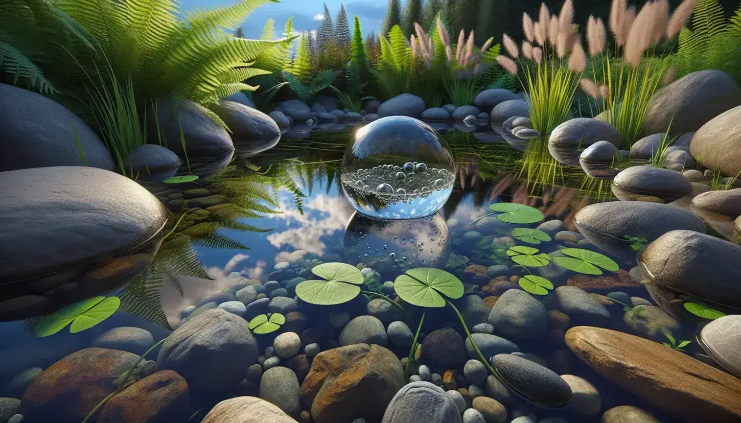 Estanque natural con piedras redondeadas, reflejo del cielo azul en agua cristalina, vegetación verde alrededor y una rana sobre una roca.