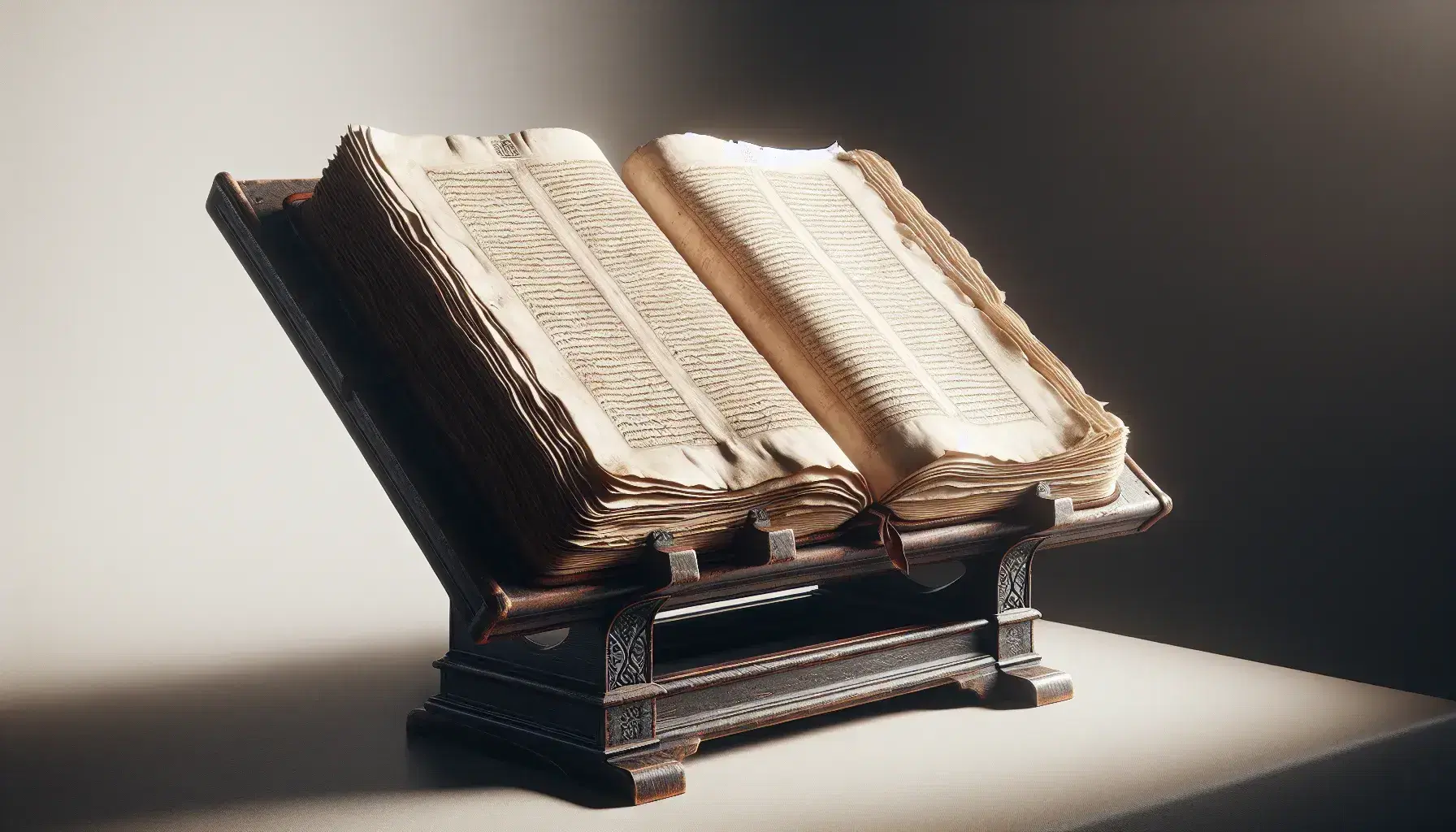 Libro antico aperto su leggio in legno scuro, pagine avorio senza testo e bordi consumati, illuminato lateralmente, su sfondo neutro.