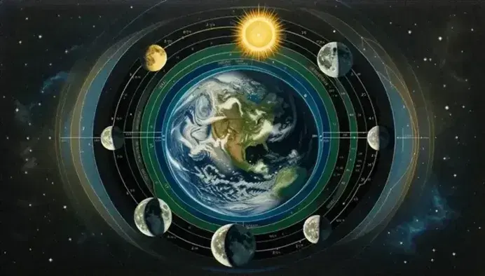 Rappresentazione artistica del sistema solare con la Terra al centro, fasi lunari e Sole irradiante in alto a destra su sfondo stellato.