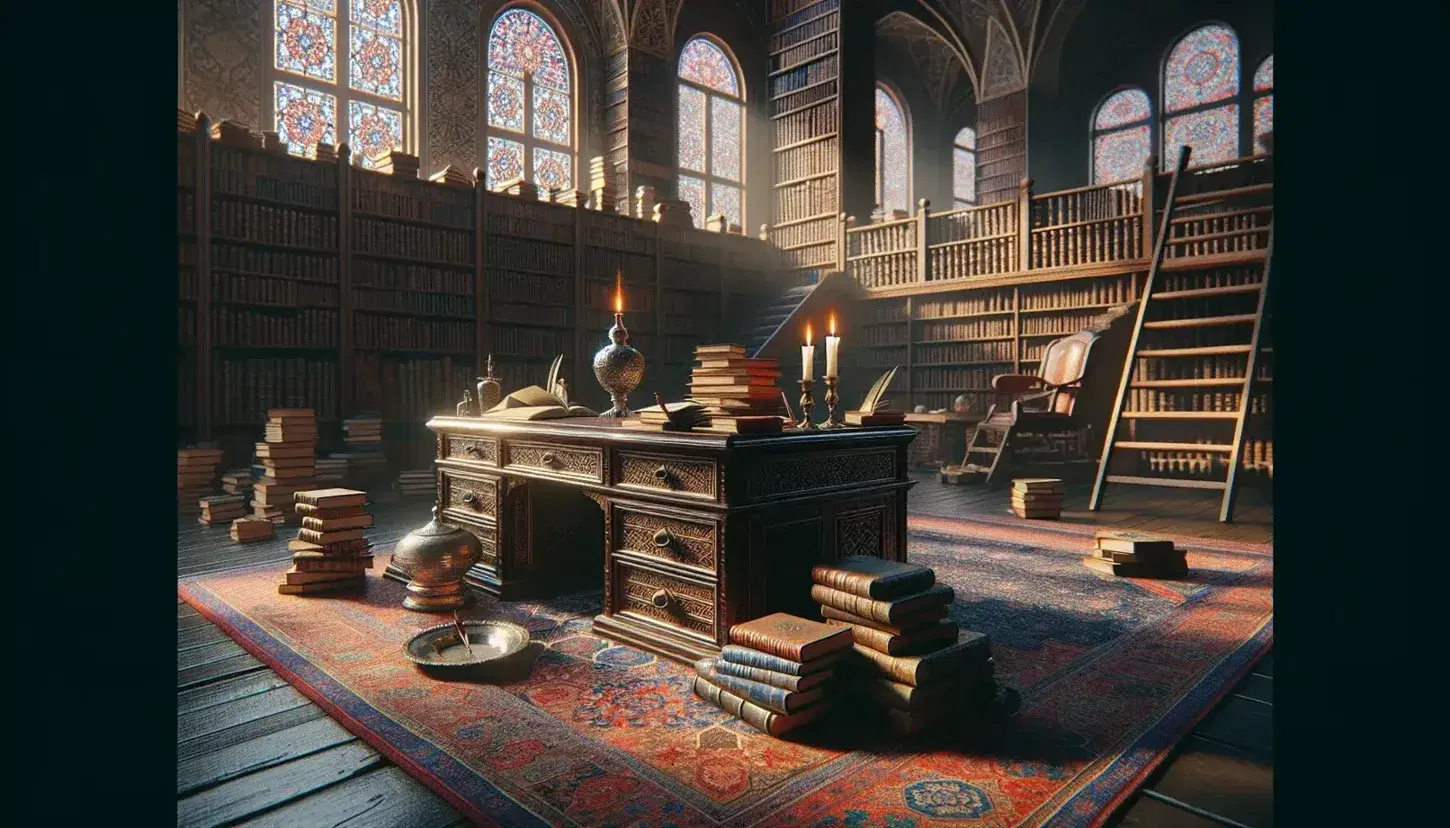 Biblioteca antica con scrivania in legno scuro, libri rilegati, calamaio d'argento, candela e gatto grigio dormiente, sotto luce filtrante da finestra ad arco.