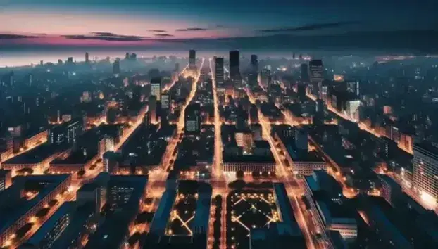 Veduta aerea di una città al crepuscolo con luci artificiali che delineano le strade, grattacieli in silhouette e un parco cittadino in primo piano.