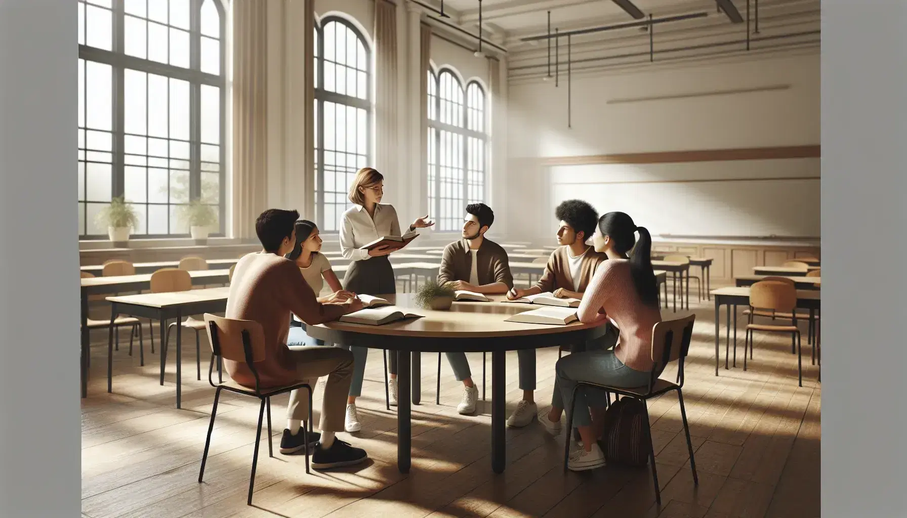 Aula iluminada con estudiantes diversos en mesa redonda y profesora facilitando la discusión, libros abiertos, sin tecnología, ambiente de aprendizaje colaborativo.