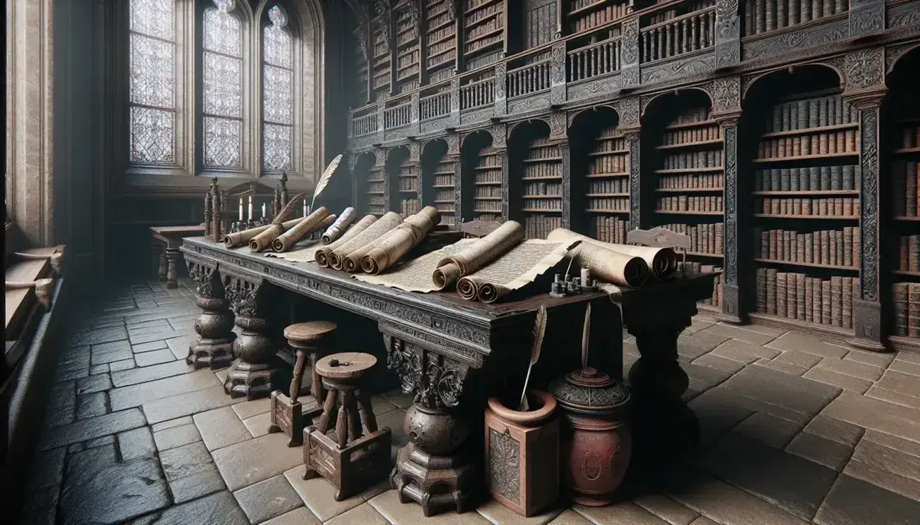 Biblioteca medievale con tavolo in legno scuro, pergamene, penne d'oca e scaffali colmi di libri rilegati sotto luce filtrante da finestra ad arco.