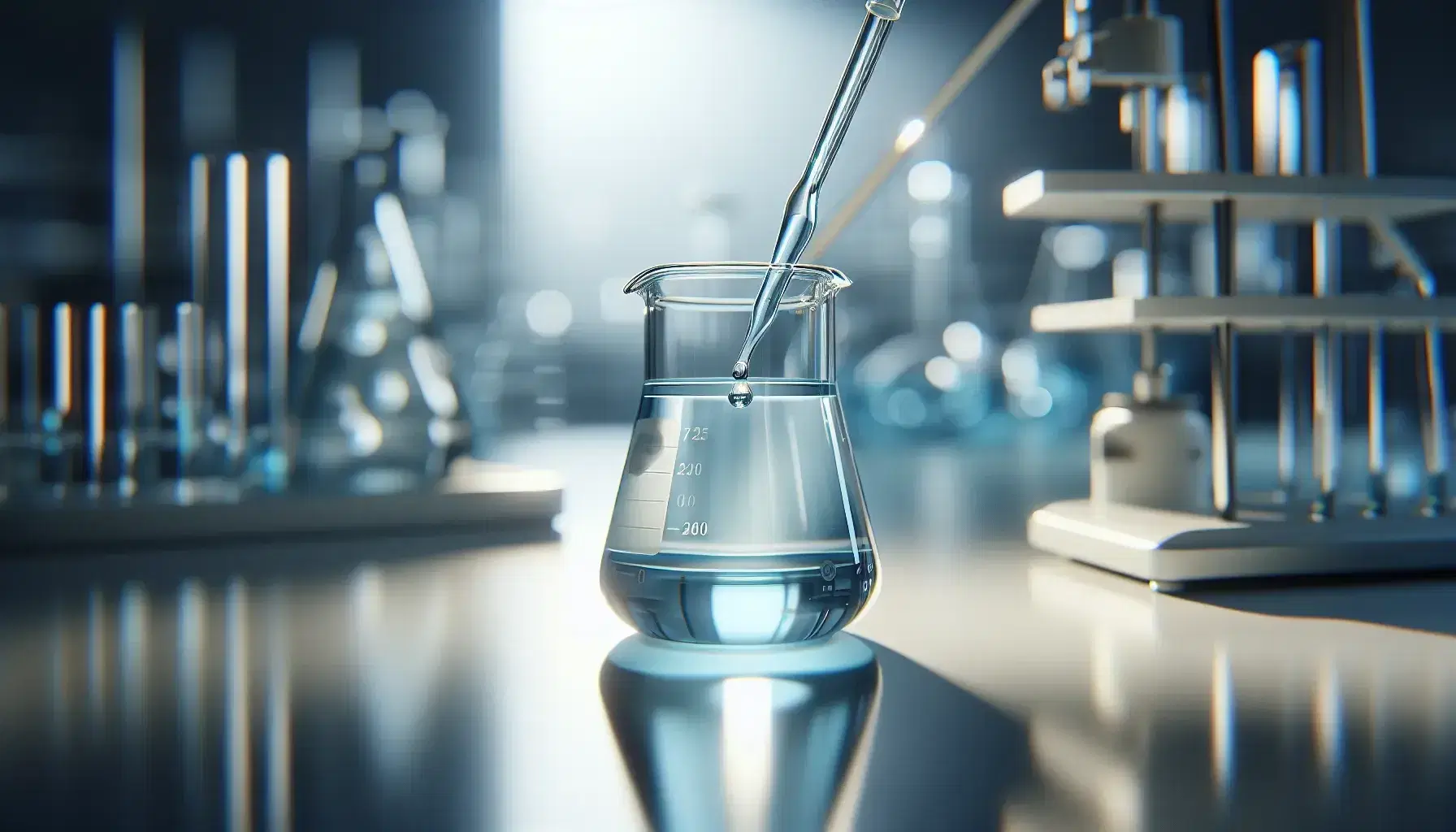 Glass beaker with light blue solution on reflective laboratory bench, pipette and blurred equipment on background.