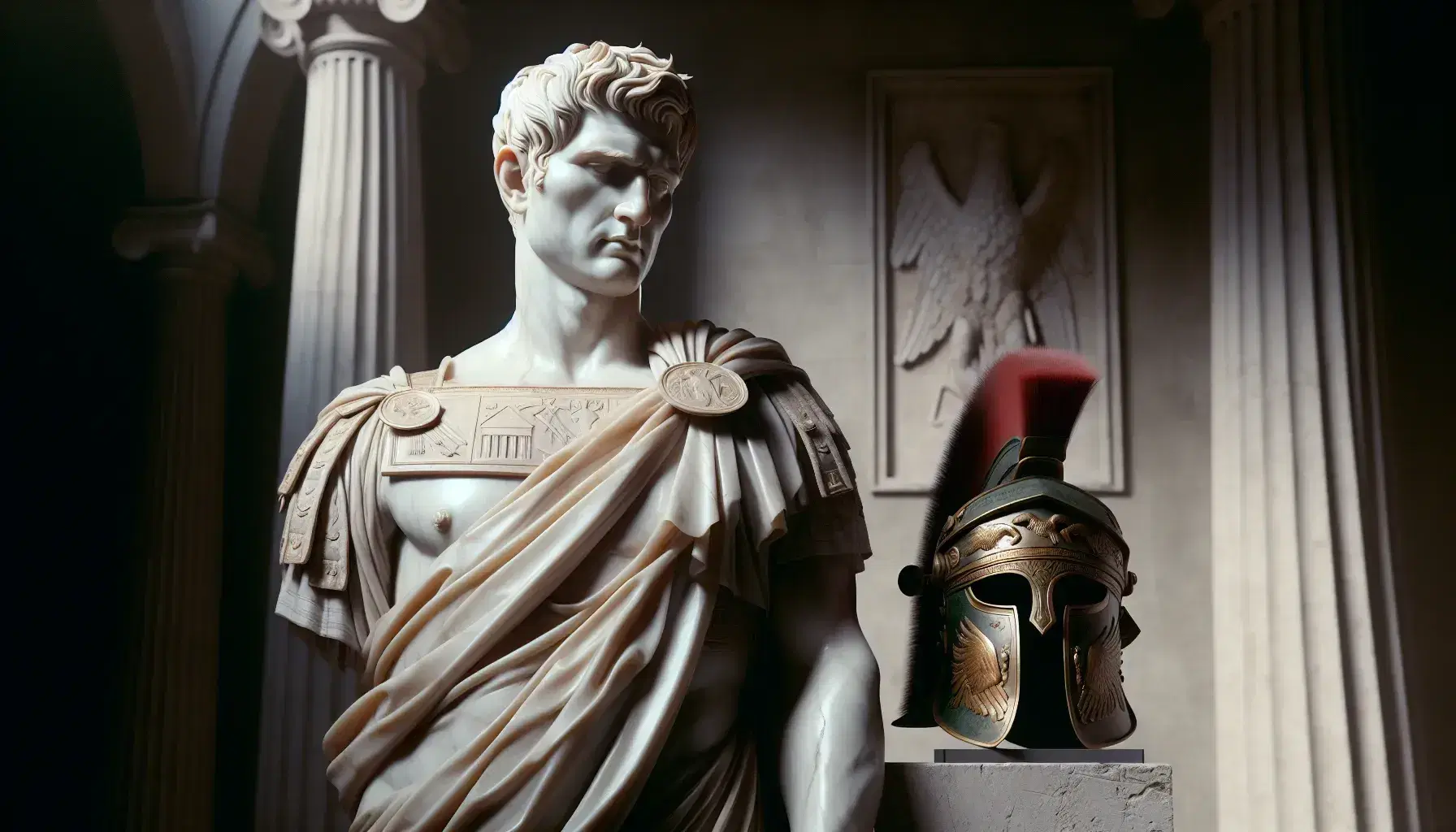 Statua in marmo bianco di figura storica romana con drappo, armatura in bronzo con mantello rosso e spada romana appoggiata a piedistallo.