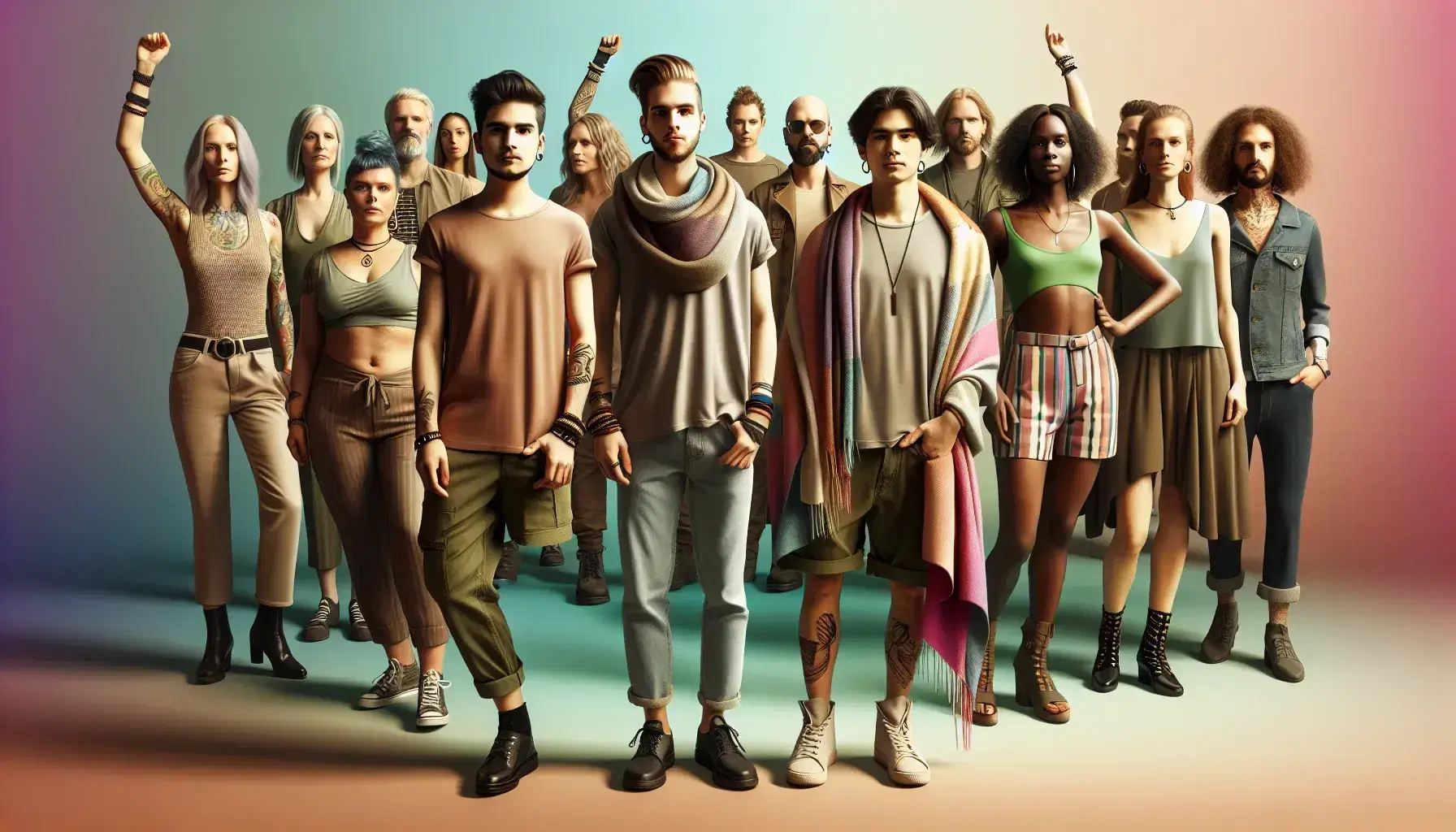 Diverse group of individuals in casual attire forming a semi-circle, embodying community spirit and inclusivity, with a serene backdrop.