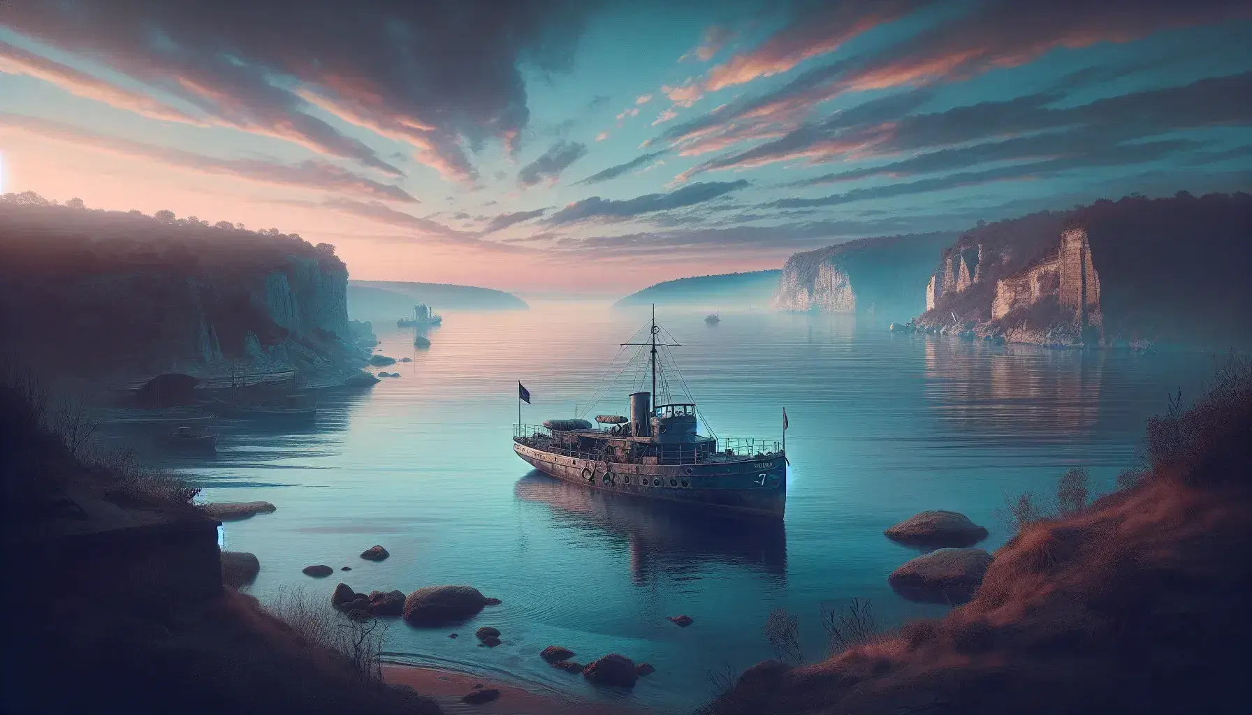 Dawn breaks over the Dardanelles Strait with a vintage military boat on calm waters, reflecting the pastel sky with rugged cliffs on both European and Asian shores.
