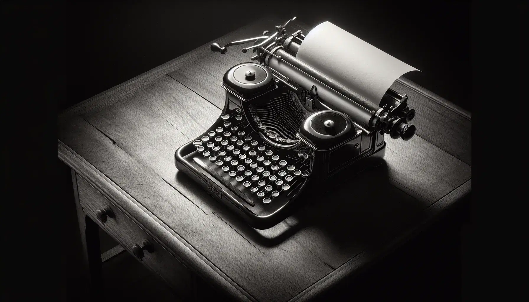 Vintage early 20th-century typewriter on a wooden desk with a stack of blank paper, soft lighting highlights the antique design and wood grain details.