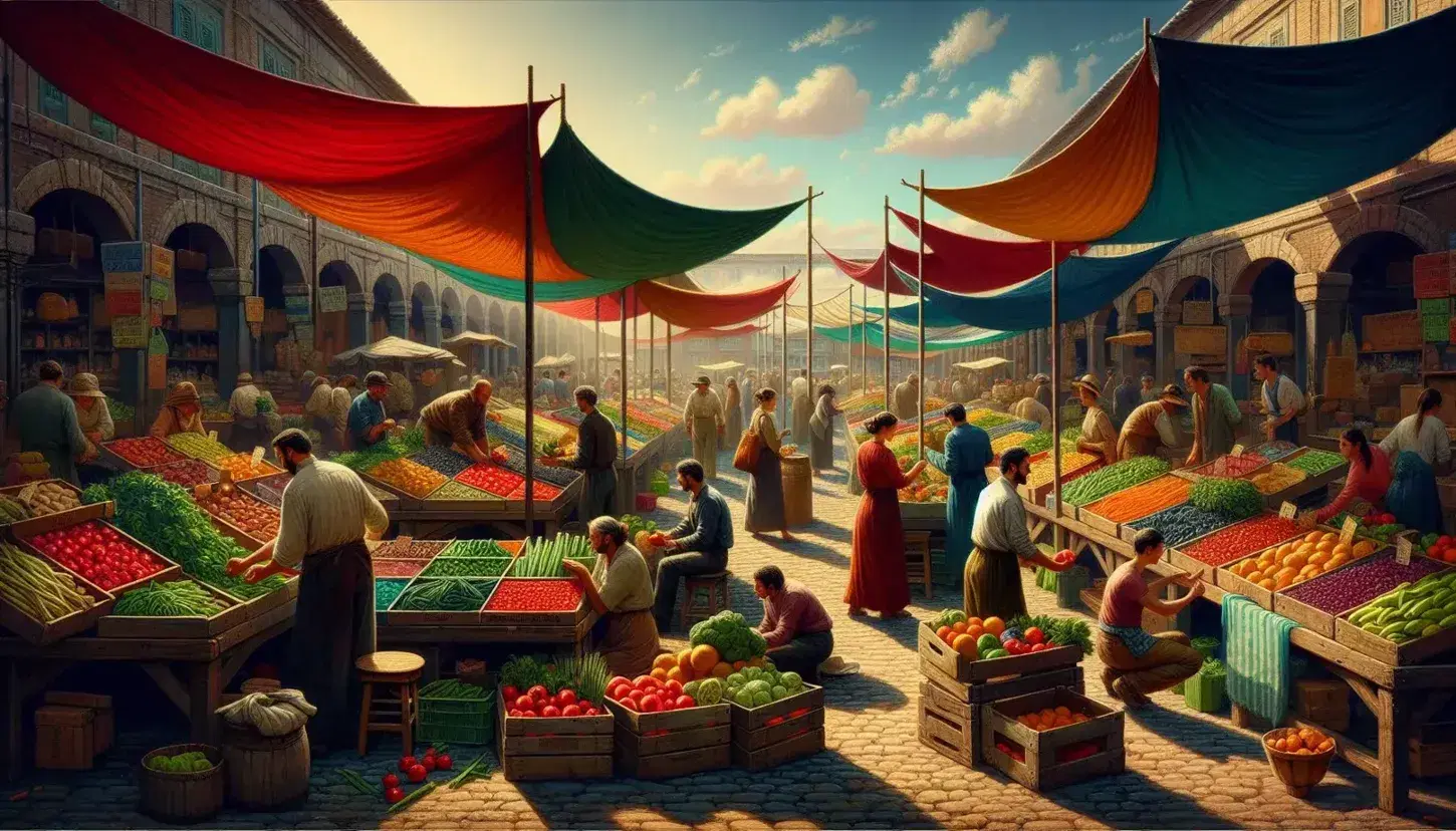 Mercado al aire libre con puestos de frutas y verduras frescas bajo toldos coloridos, personas comprando y examinando productos en un día soleado.