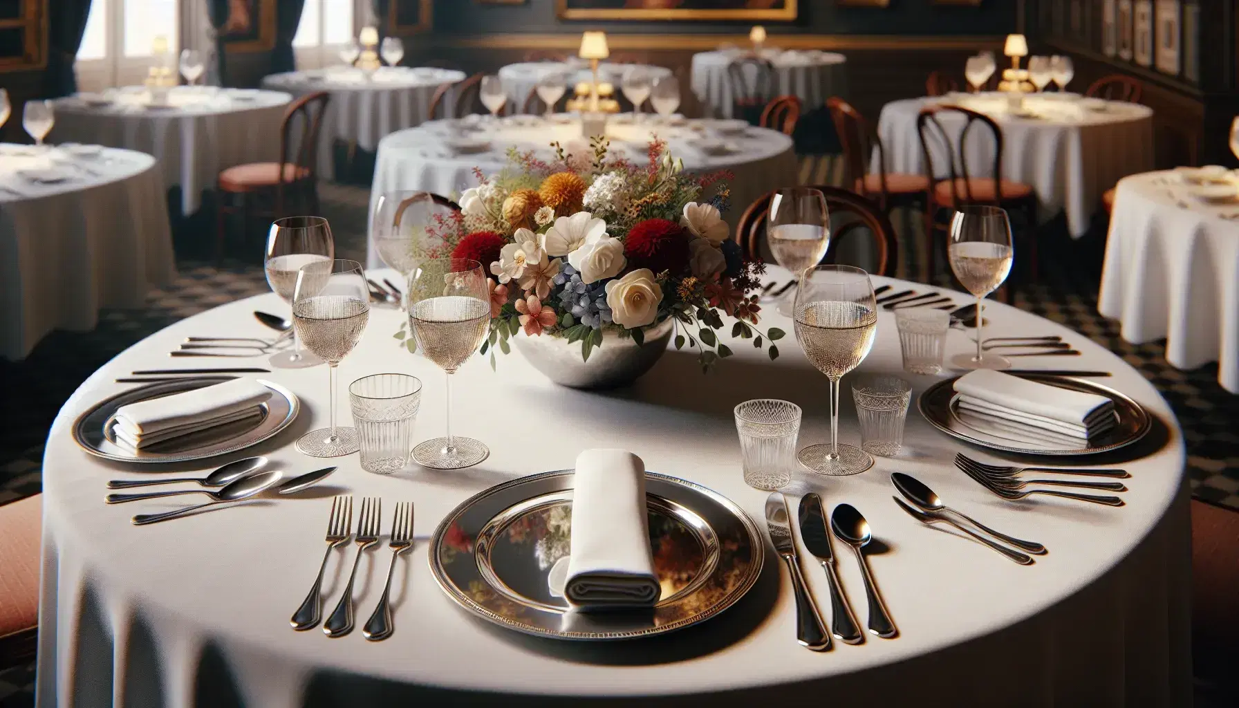 Elegant French restaurant dinner setting with pristine linen, polished silverware, crystal glasses, and a vibrant floral centerpiece, with two blurred patrons in formal wear.