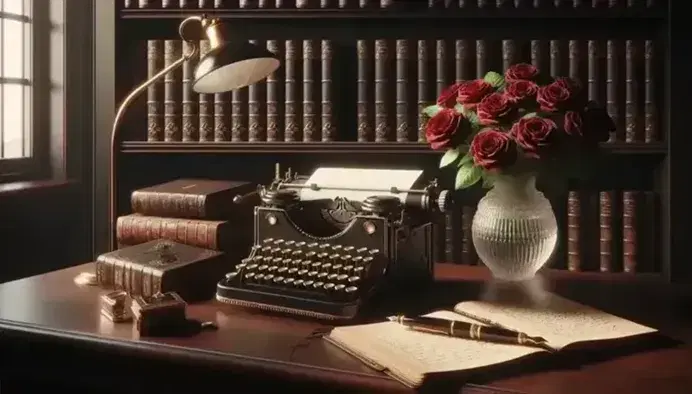 Scrivania in legno scuro con macchina da scrivere vintage nera, penna stilografica, quaderno in pelle, libreria con volumi rilegati e vaso di rose rosse.
