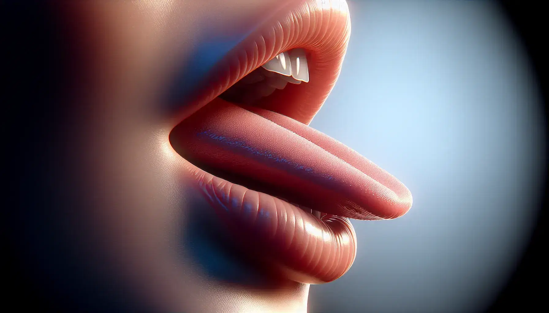 Close-up view of a human mouth with lips parted and tongue raised to alveolar ridge, demonstrating the position for a trill consonant.