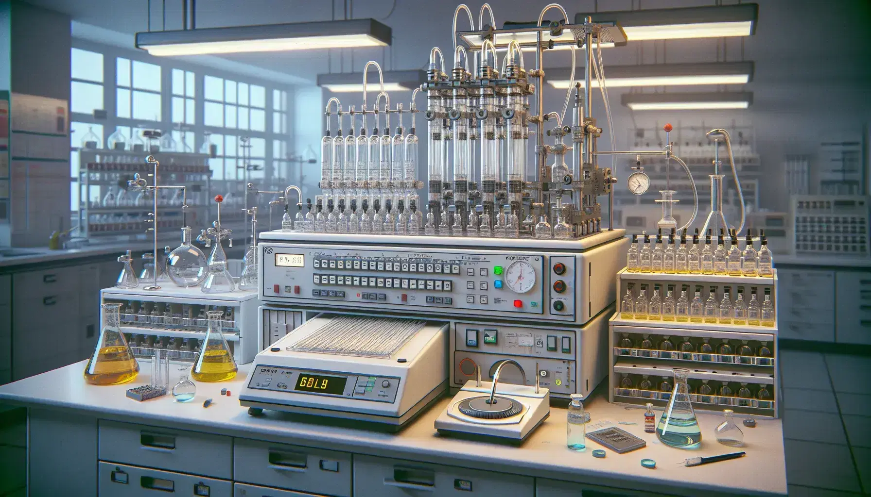 Laboratorio de química con cromatógrafo de permeación en gel, balanza analítica y viales con soluciones de colores en estante.
