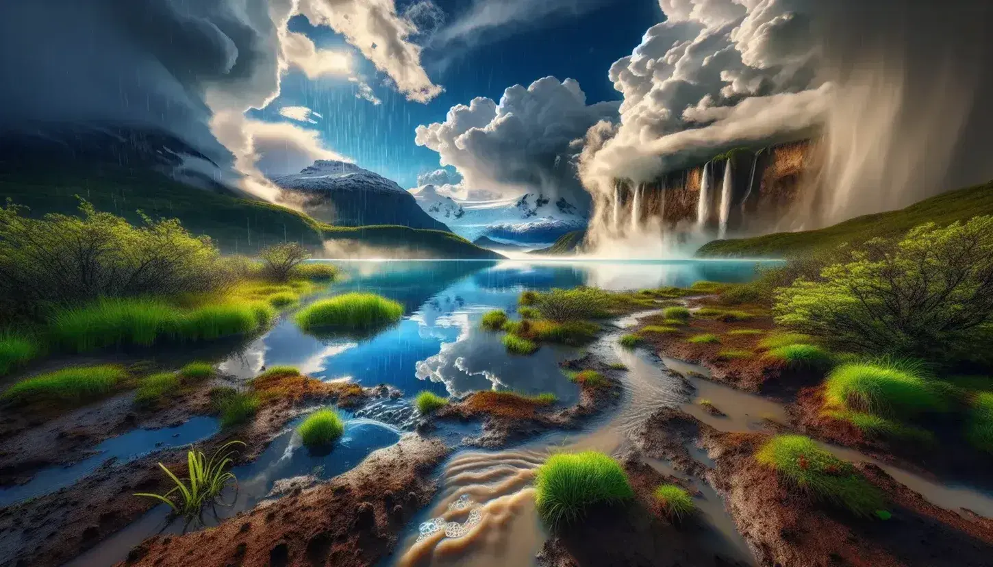 Panorama di un lago tranquillo con riflessi del cielo azzurro e nuvole, vegetazione rigogliosa, montagne innevate sullo sfondo e pioggia imminente.
