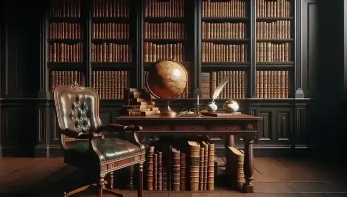 Biblioteca antigua con estanterías de madera oscura llenas de libros encuadernados en cuero, mesa con globo terráqueo sepia, gafas doradas y tintero con pluma.