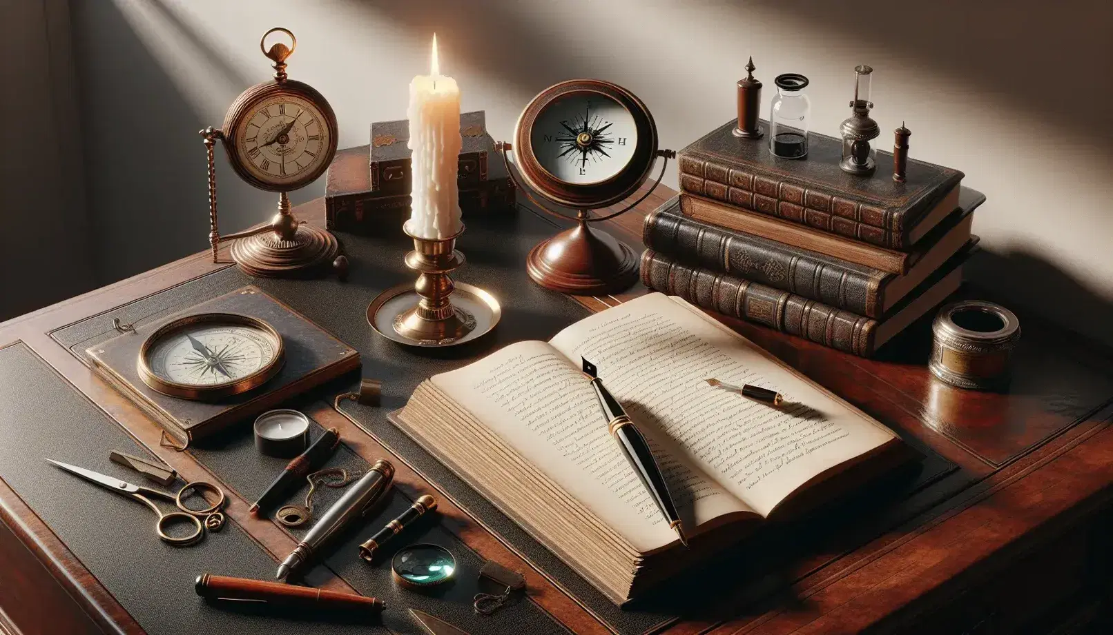 Escritorio antiguo de madera con libro abierto, pluma fuente y tintero de vidrio, lupa, vela blanca en candelabro y brújula, en ambiente cálido.