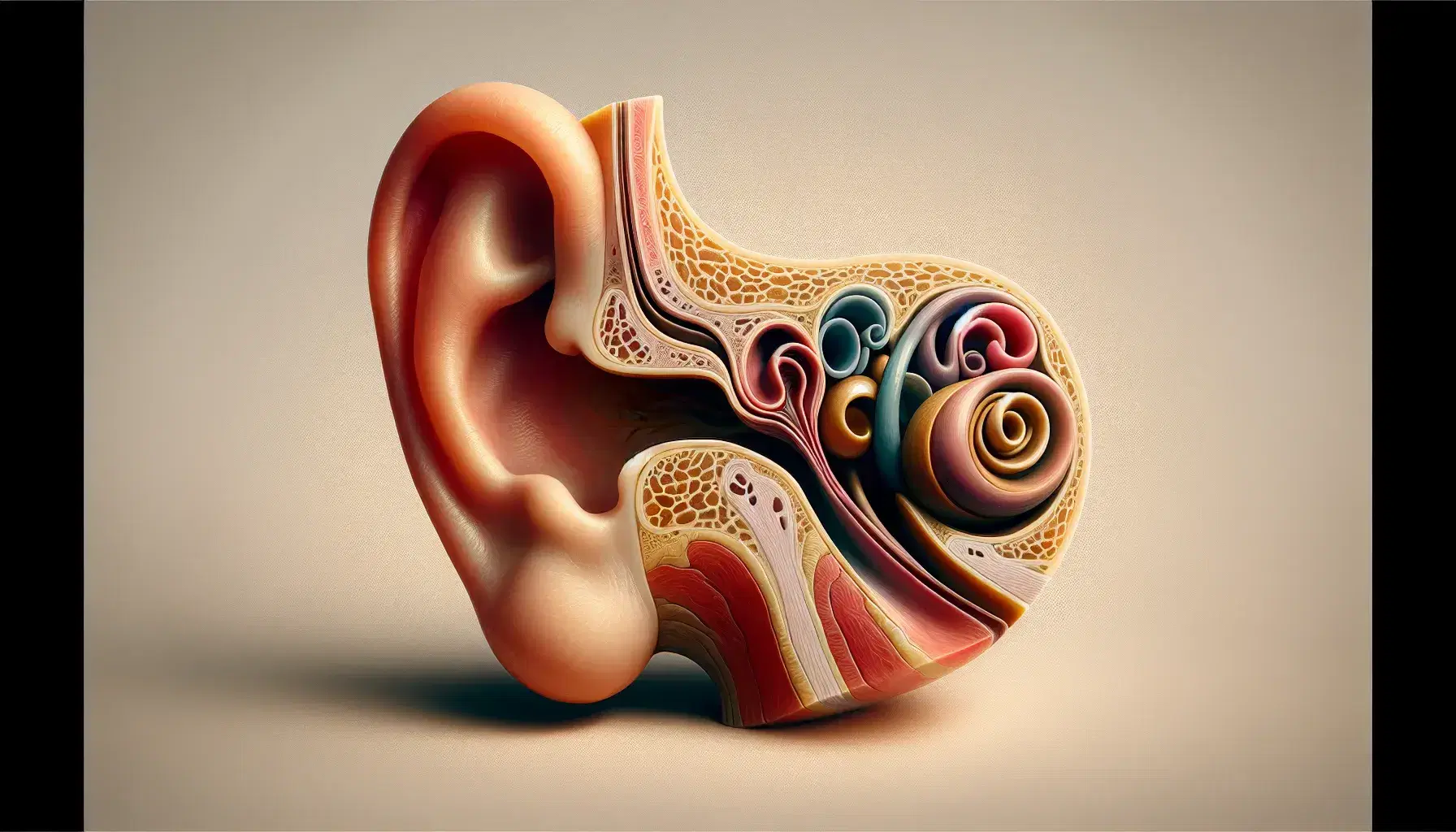 Estructura anatómica del oído humano mostrando el pabellón auricular externo, canal auditivo, huesecillos del oído medio y cóclea espiralada con laberinto vestibular.