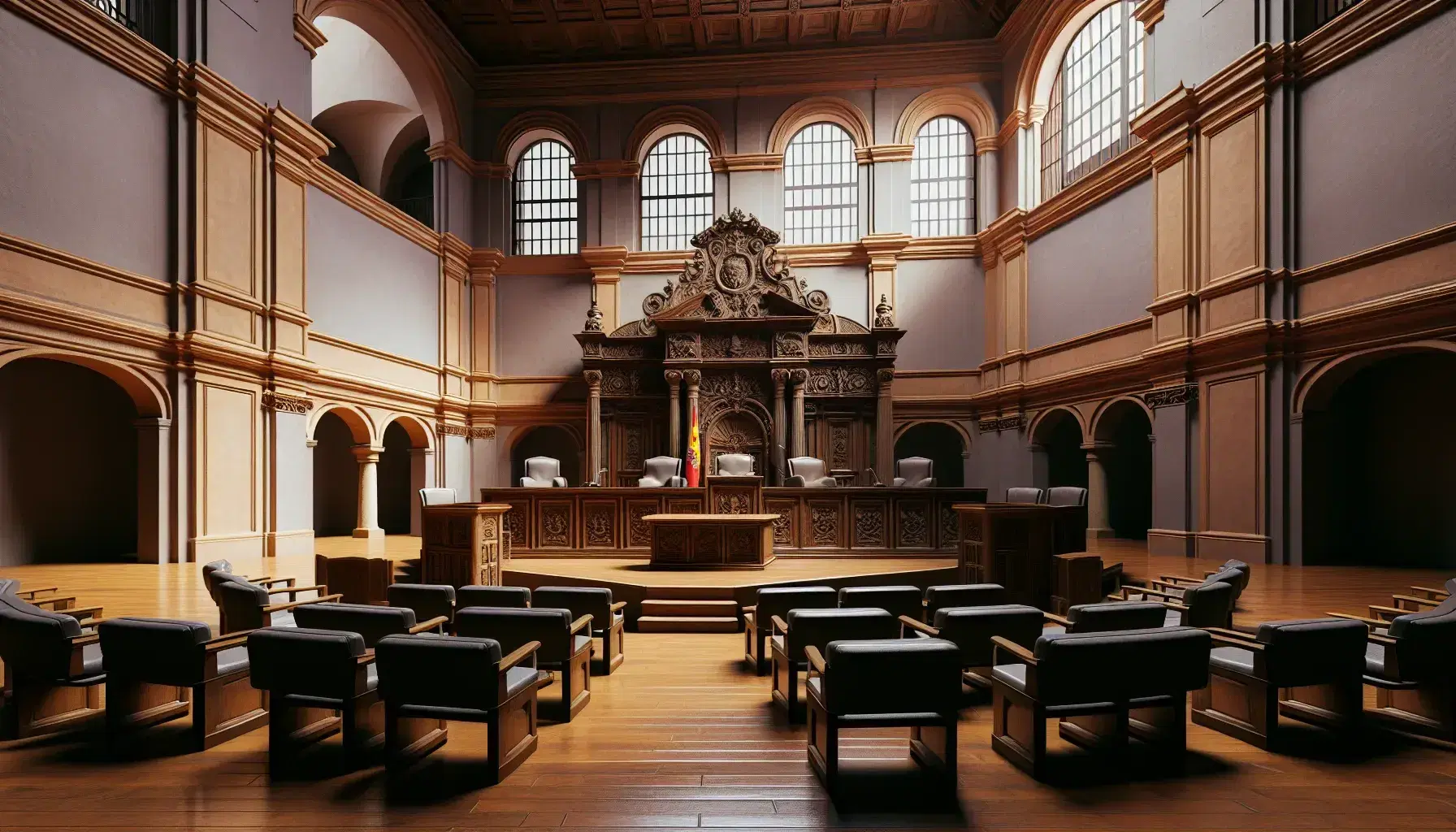 Traditional Spanish courtroom with high ceilings, arched windows, polished wooden floors, an elevated judge's bench, and a semi-circular jury box.