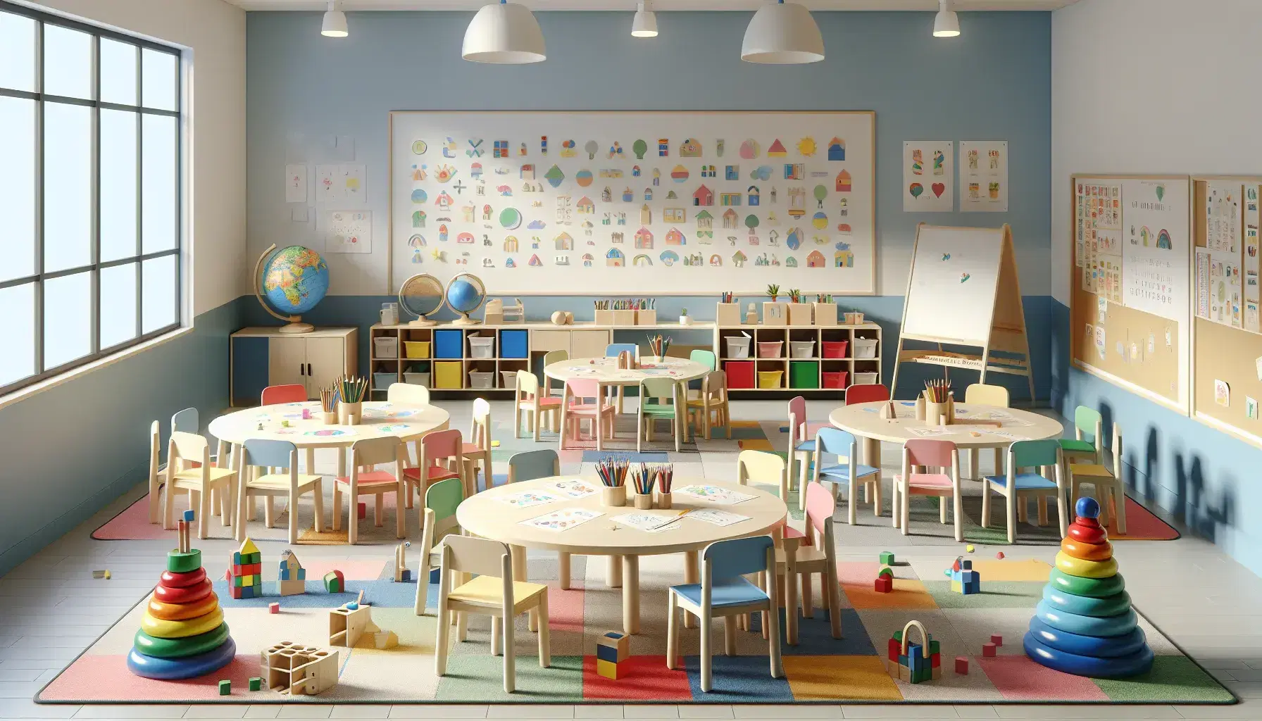 Aula scolastica colorata con tavolo rotondo, sedie multicolori, tappeto geometrico, bambini che giocano con blocchi di legno e mobili con oggetti educativi.