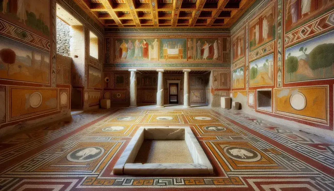 Interno di una domus romana antica con atrio, impluvium in marmo, pavimento a mosaico, affreschi vivaci e colonna dorica.
