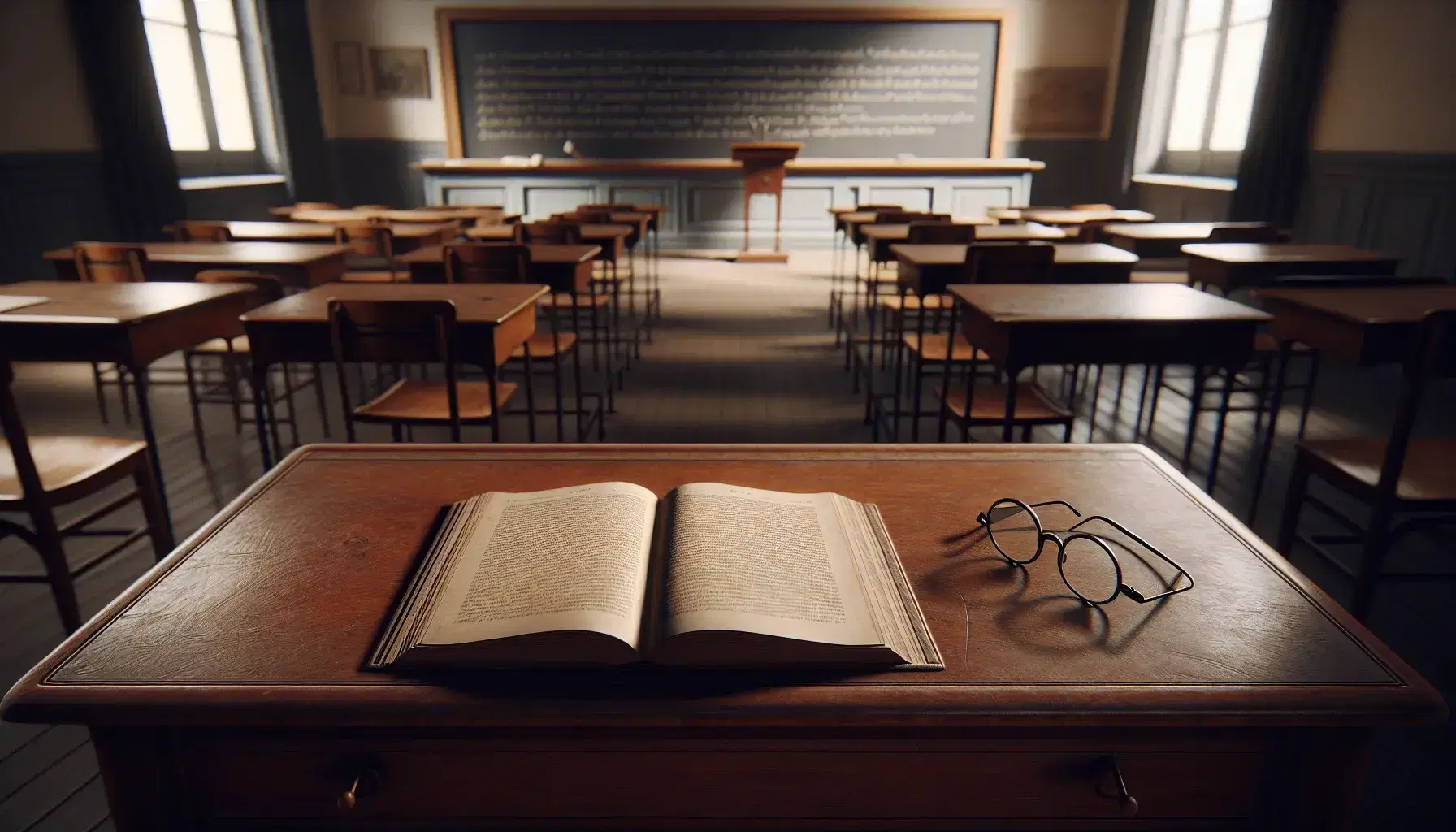Traditional French classroom with a teacher's desk, open textbook, round eyeglasses, and rows of wooden student desks in a sunlit room with a clean chalkboard.