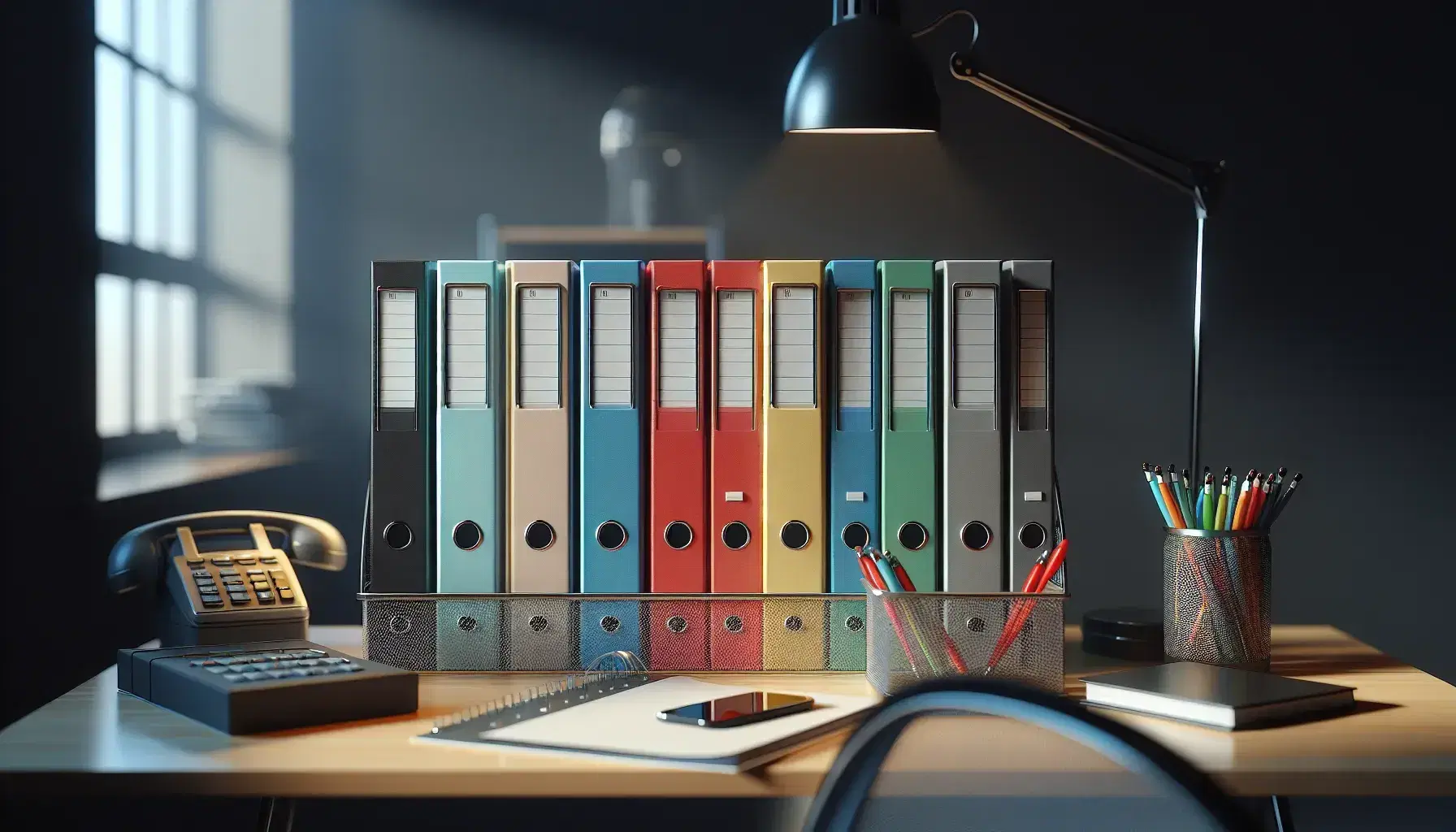 Archivadores de colores variados en estante metálico con escritorio de madera, silla de oficina y útiles en fondo desenfocado.