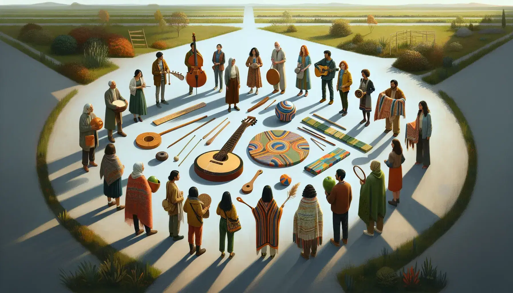 Grupo diverso de personas en parque compartiendo objetos culturales como instrumentos musicales, cerámica y tejidos coloridos bajo luz diurna suave.