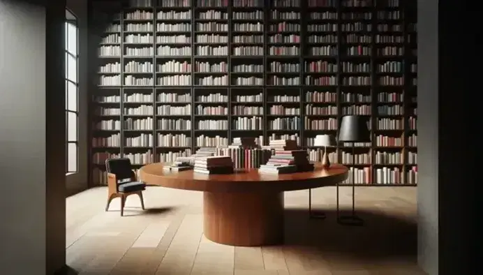 Biblioteca iluminada con estantes de madera oscuros llenos de libros coloridos, mesa central con libros apilados y silla con cojín azul.