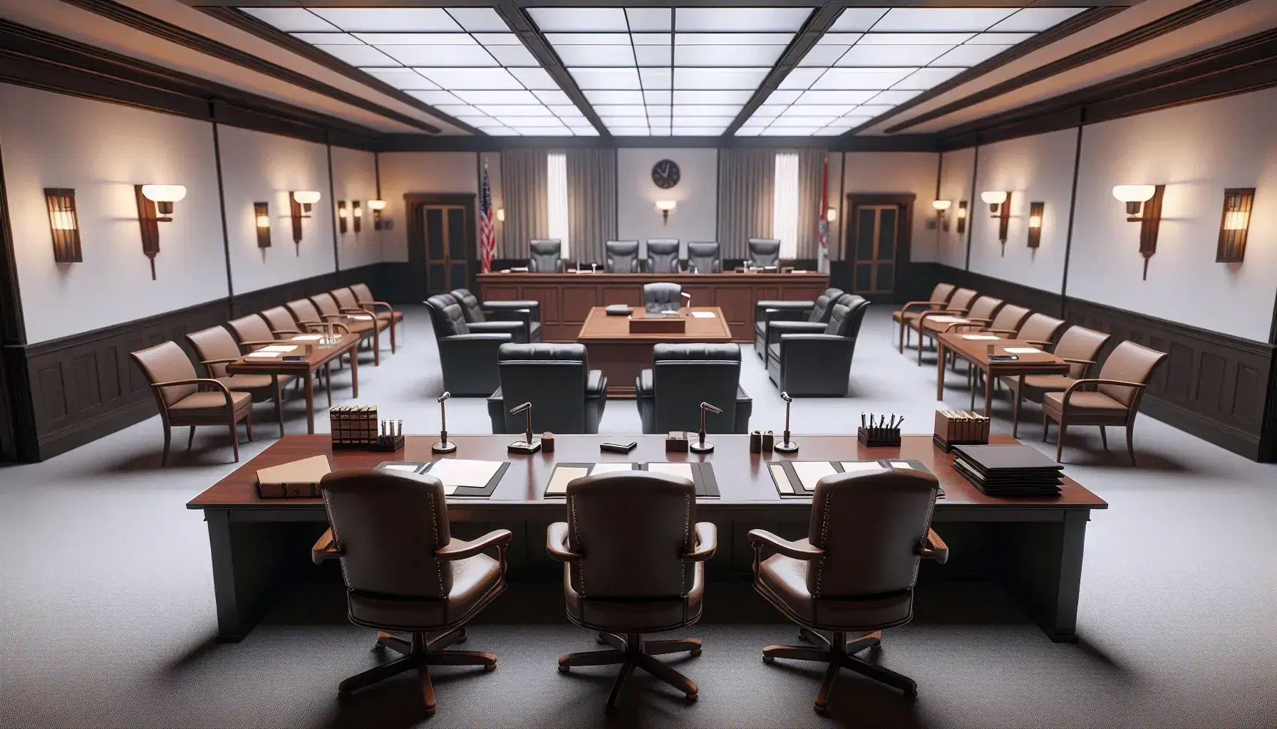 Sala de audiencias de un tribunal laboral con mesa central para el juez, mesas enfrentadas para abogados y partes, estrado con micrófono y decoración sobria.