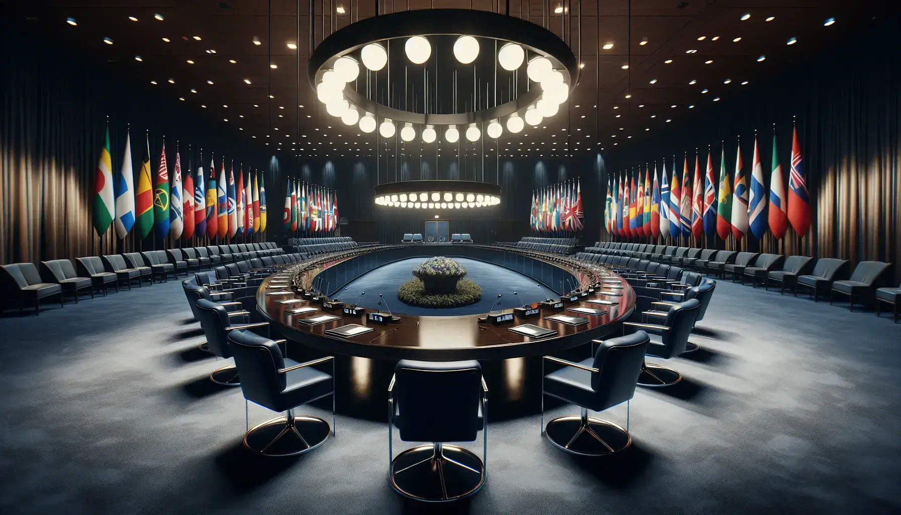 Sala de conferencias con mesa ovalada de madera oscura, sillas azules, micrófonos y banderas de distintos países alineadas.