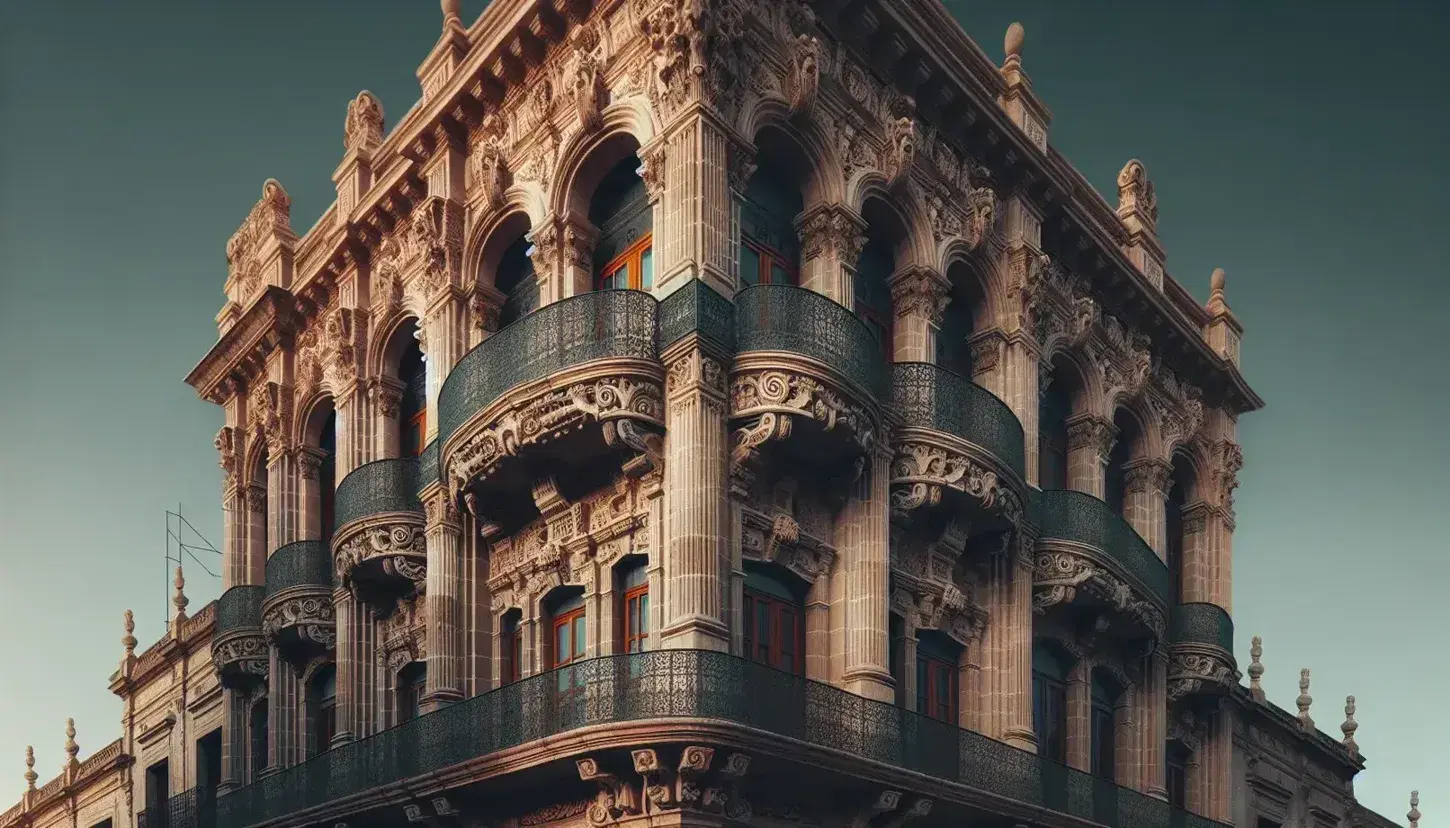 Fachada de edificio histórico del Porfiriato con columnas corintias, relieves florales y balcones de hierro forjado bajo un cielo azul despejado.