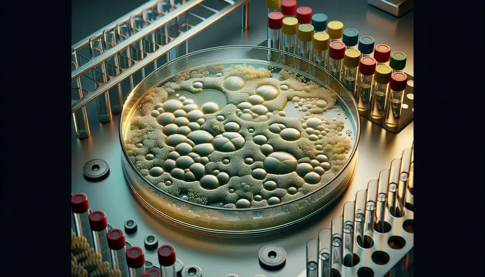 Petri dish with bacterial lawn and clear zones of inhibition on lab bench, alongside colorful-capped tubes in a rack with a background centrifuge.