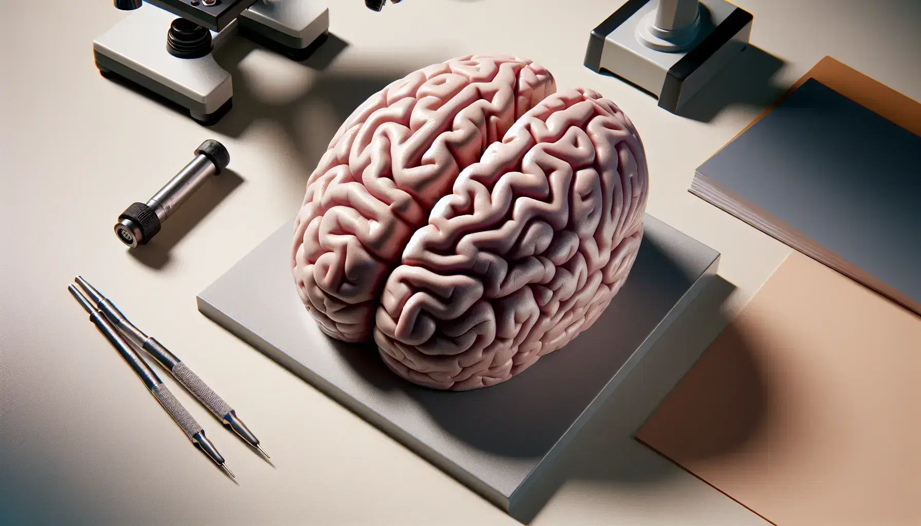 Modelo anatómico tridimensional del cerebro humano en vista superior, mostrando hemisferios y surcos en tonos rosa y morado sobre superficie lisa.