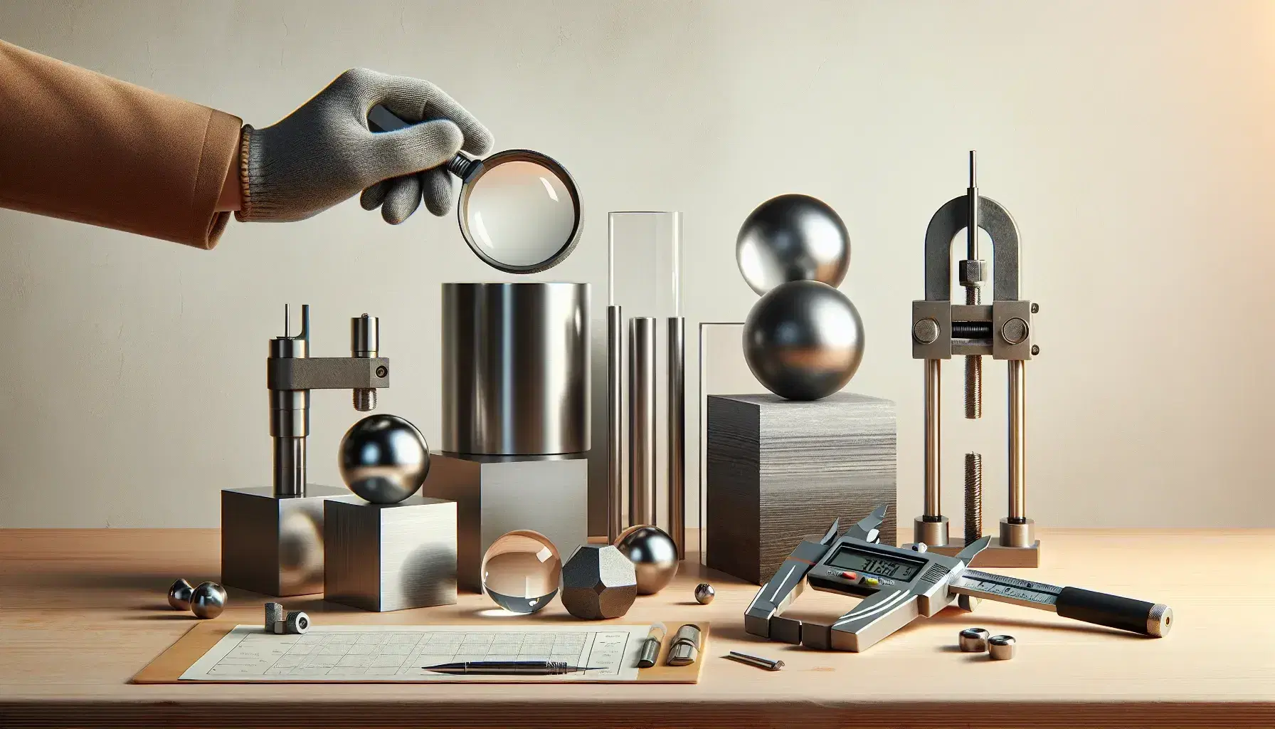 Materiali ingegneristici su tavolo con strumenti di misura: acciaio, alluminio, plastica, vetro e legno, mano con lente d'ingrandimento.