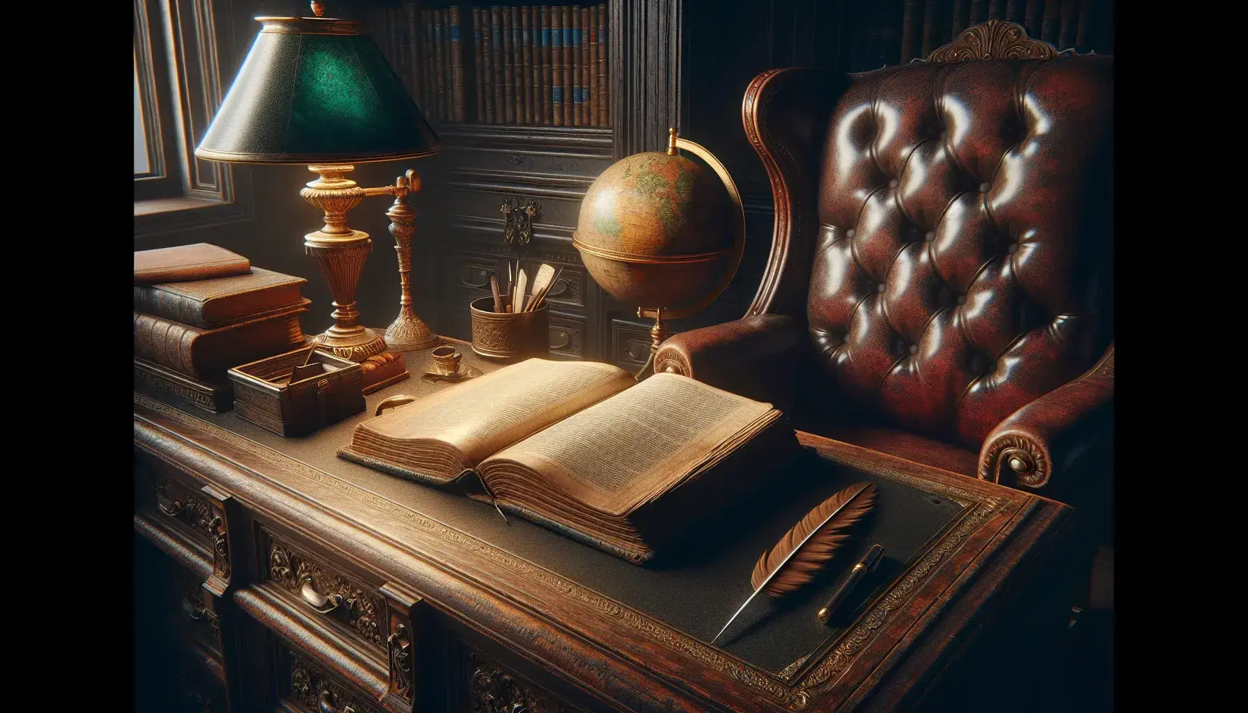 Early 19th-century study with ornate wooden desk, leather-bound book under brass lamp, high-backed armchair, globe, quill, and shelves of books.