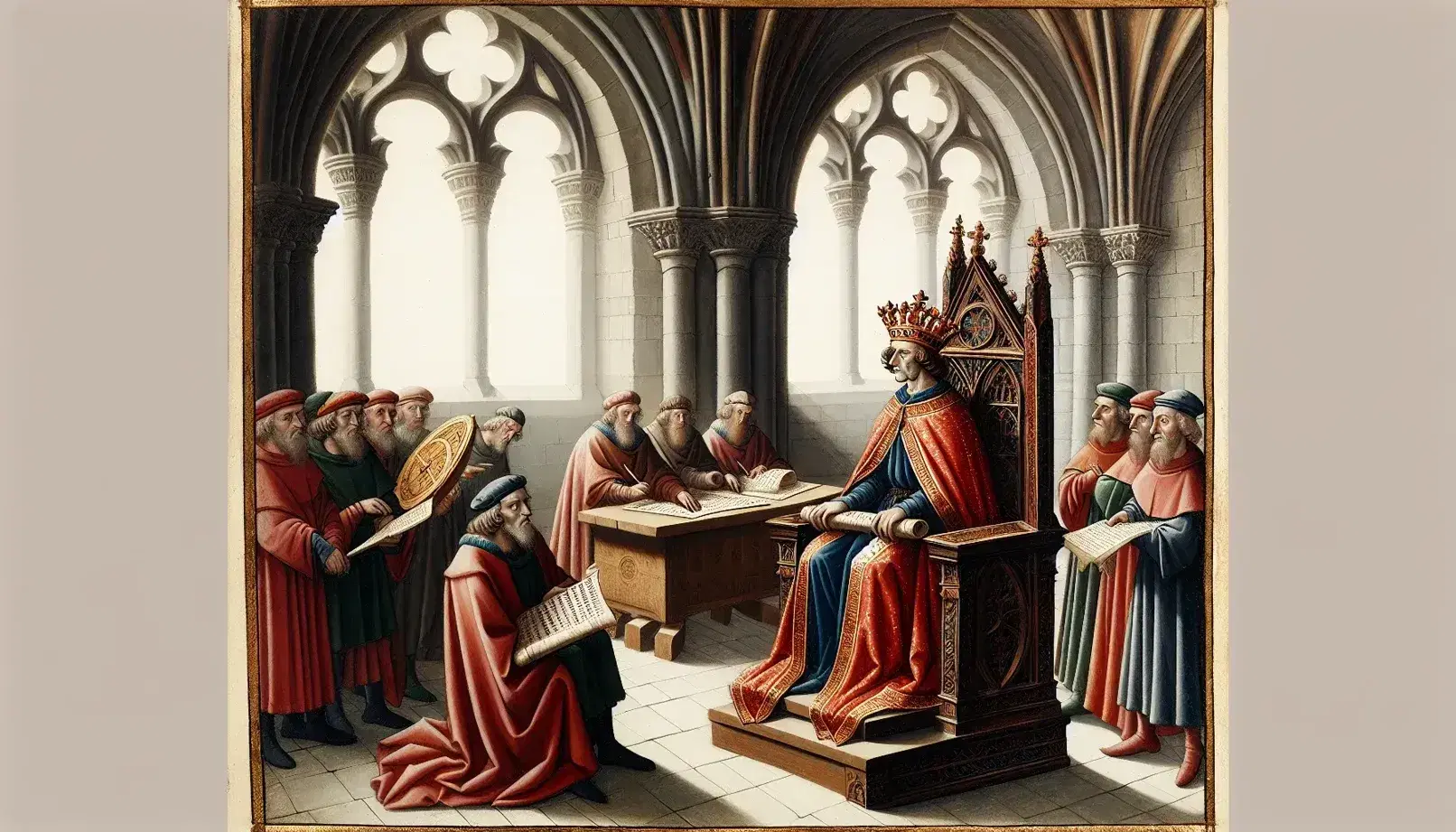 Re sovrano medievale in trono con consiglieri e studiosi in sala del castello, vesti rosse e blu, archi in pietra, chiaroscuro.