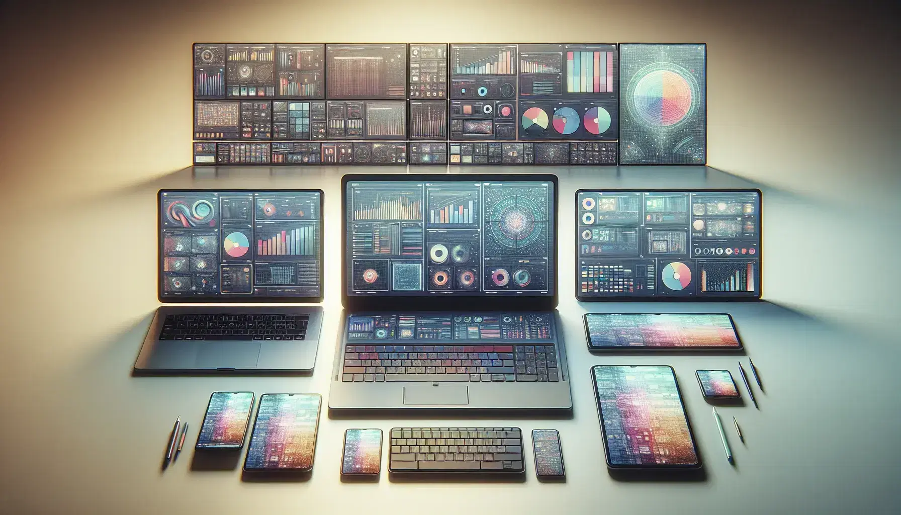 Espacio de trabajo con dispositivos electrónicos, incluyendo un portátil, smartphone, tablet y monitores con gráficos coloridos, junto a un ratón y teclado numérico.