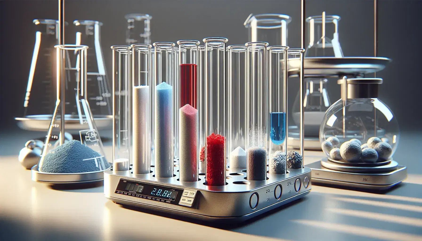 Tubos de ensayo de cristal con sustancias de colores en soporte metálico y balanza analítica de laboratorio apagada al fondo, ambiente de investigación científica.