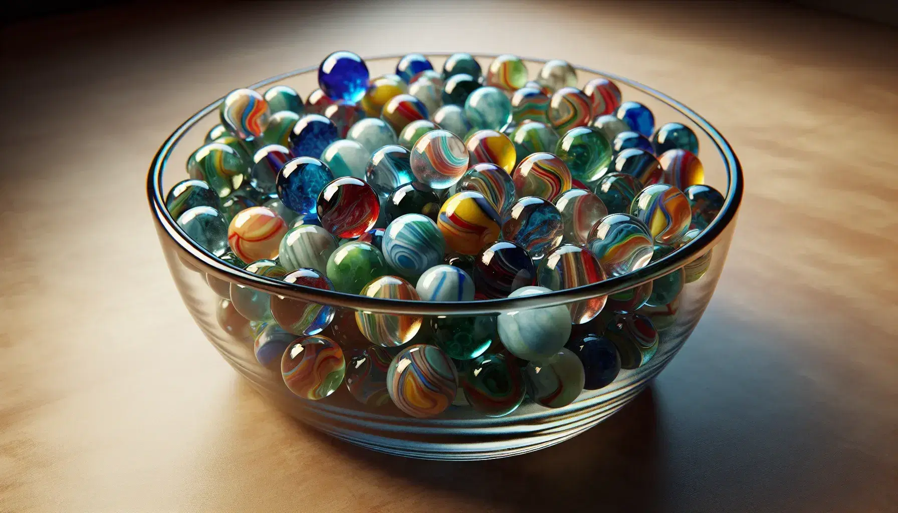 Close-up of a clear glass bowl filled with colorful marbles with spiral patterns, placed on neutral surface.