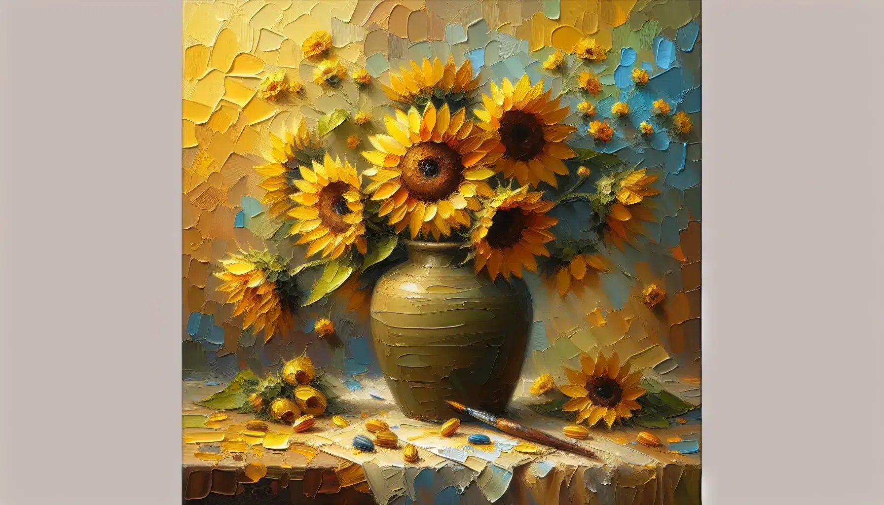 Close-up painting of sunflowers in an olive green terracotta vase, with yellow petals and seed centers, on an impasto background of blue, yellow and green.