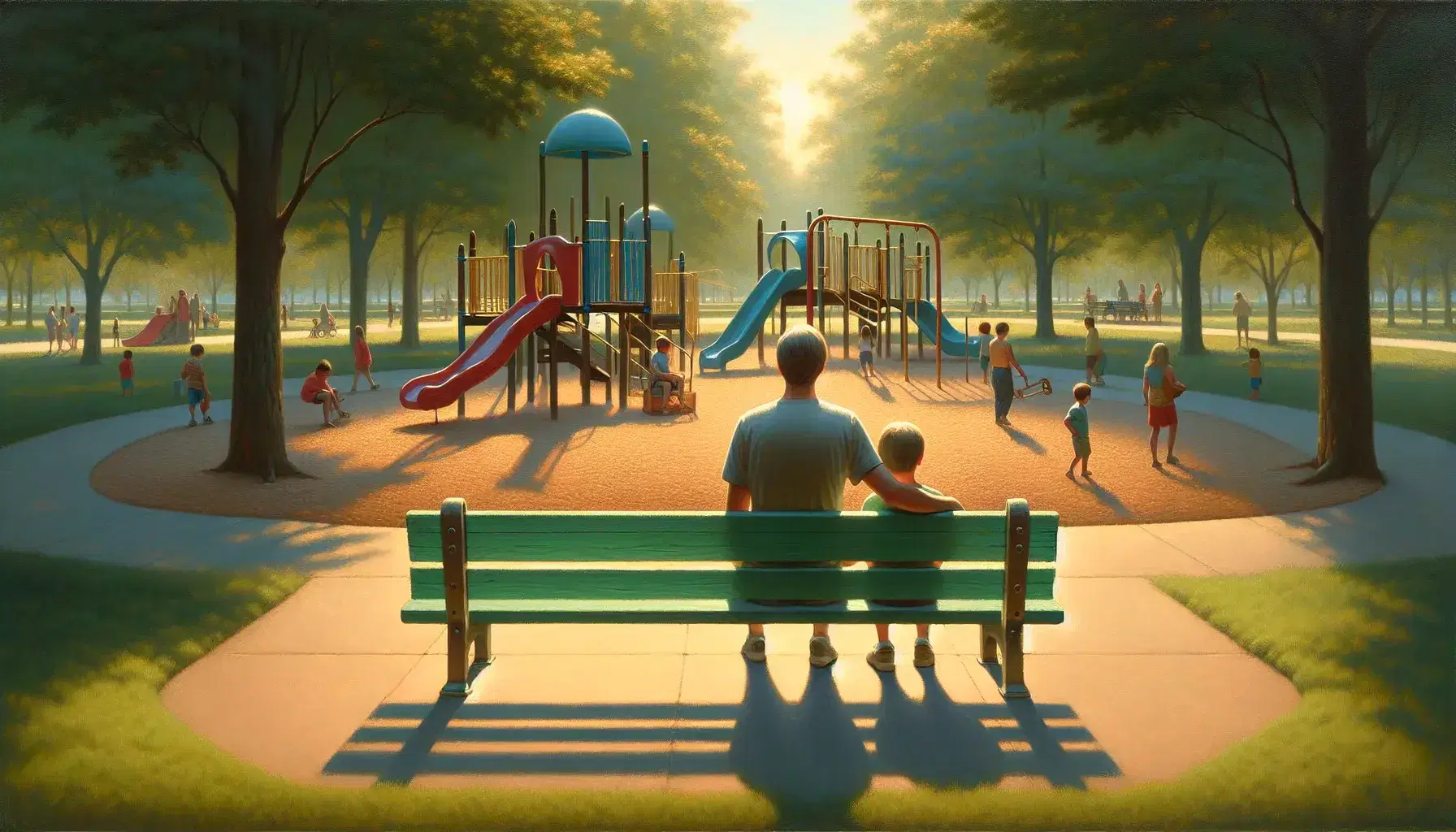 Green wooden bench with adult and child watching children playing on a colorful playground, surrounded by trees on a summer day.