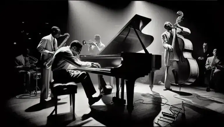 Black and white photograph of a Harlem Renaissance era jazz performance featuring a pianist, double bass player and brass section in a dimly lit venue.