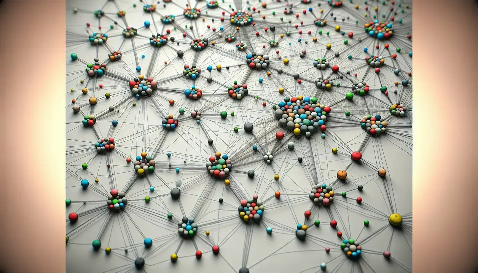 Complex network of interconnected nodes in various colors such as blue, green, red and yellow with gray lines on neutral background.