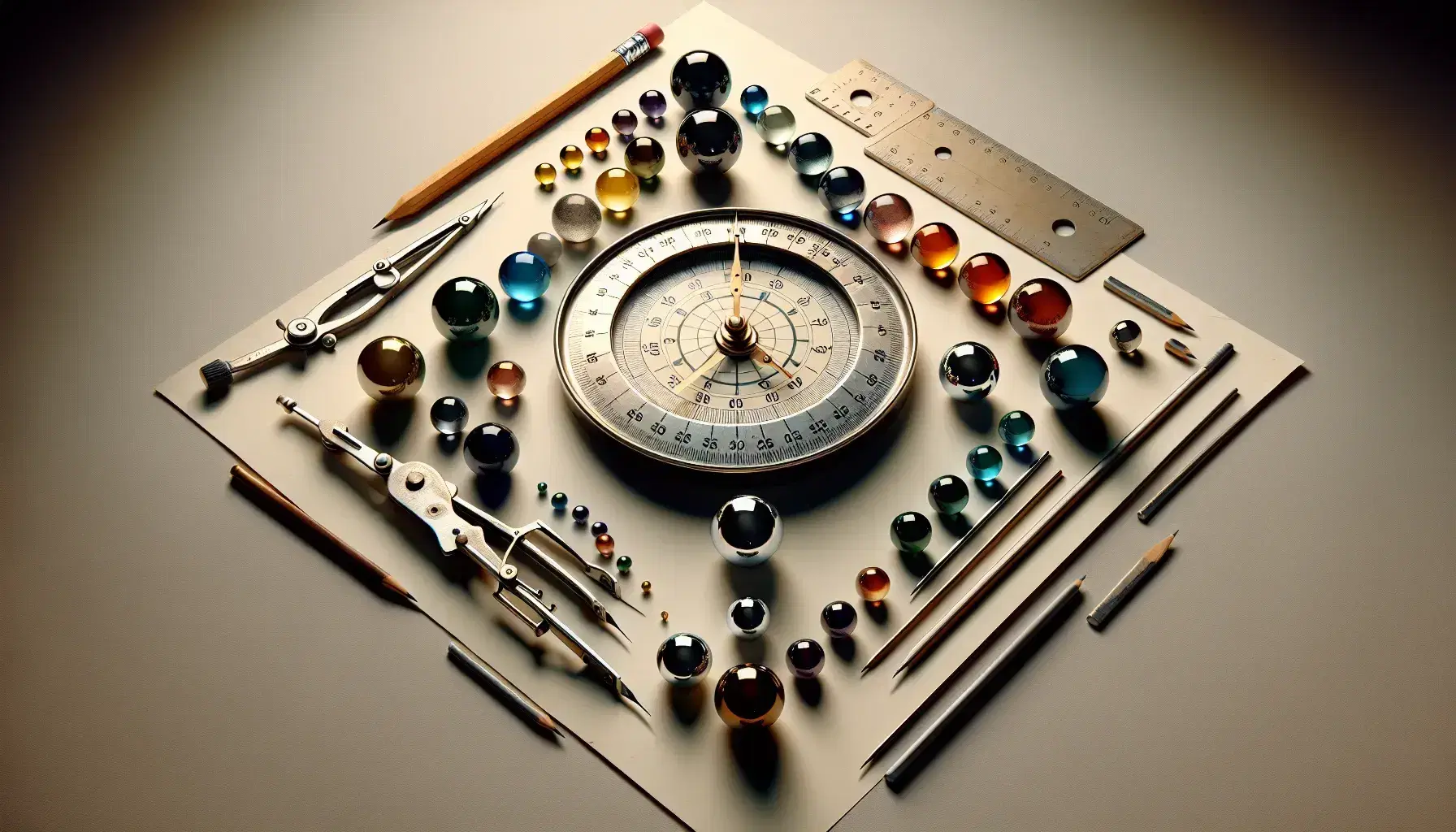 Assorted circular items including an analog clock, compass on paper, colorful marbles, glazed ceramic plate, bicycle wheel, and a rubber ball on a neutral surface.