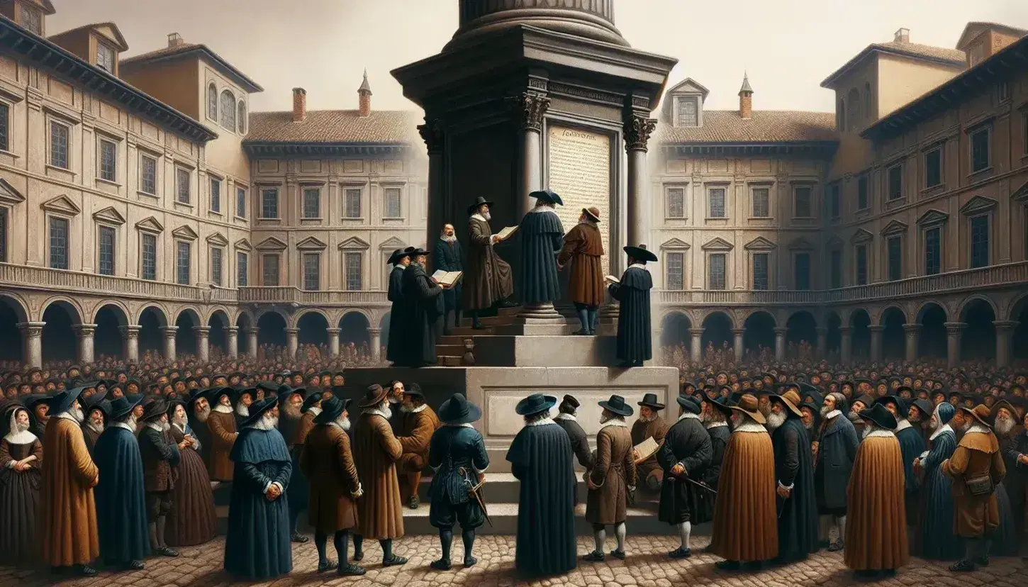 Scena del XVII secolo in una piazza milanese con colonna grigia, folla in abiti storici e architettura tipica, sotto un cielo azzurro.