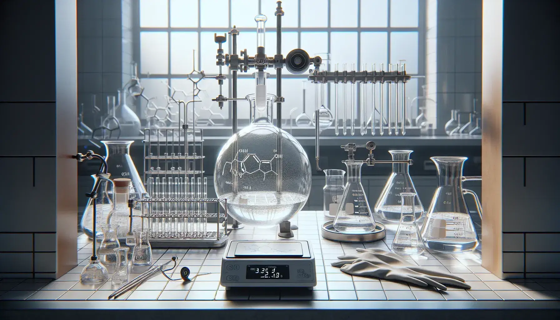Laboratory with flask on stand, glass rod, digital hot plate turned off, safety glasses and nitrile gloves ready for use.